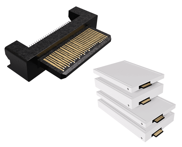 Amphenol Mini Cool Edge Plug connector showing black motherboard socket with gold contacts and white EDSFF E1/E2/E3 SSD drives in stacked configuration