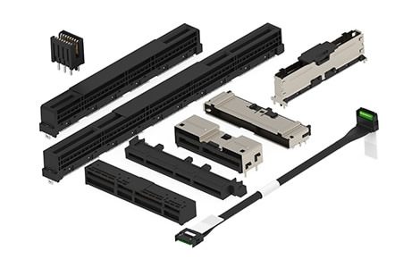 TE Connectivity SFF-TA-1002 sliver interconnect family showing card edge connectors, backplane sockets, and cable assemblies in various lengths and configurations