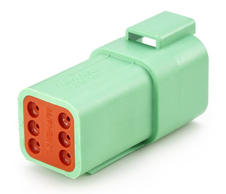 A green connector receptacle from the Amphenol Sine AT series