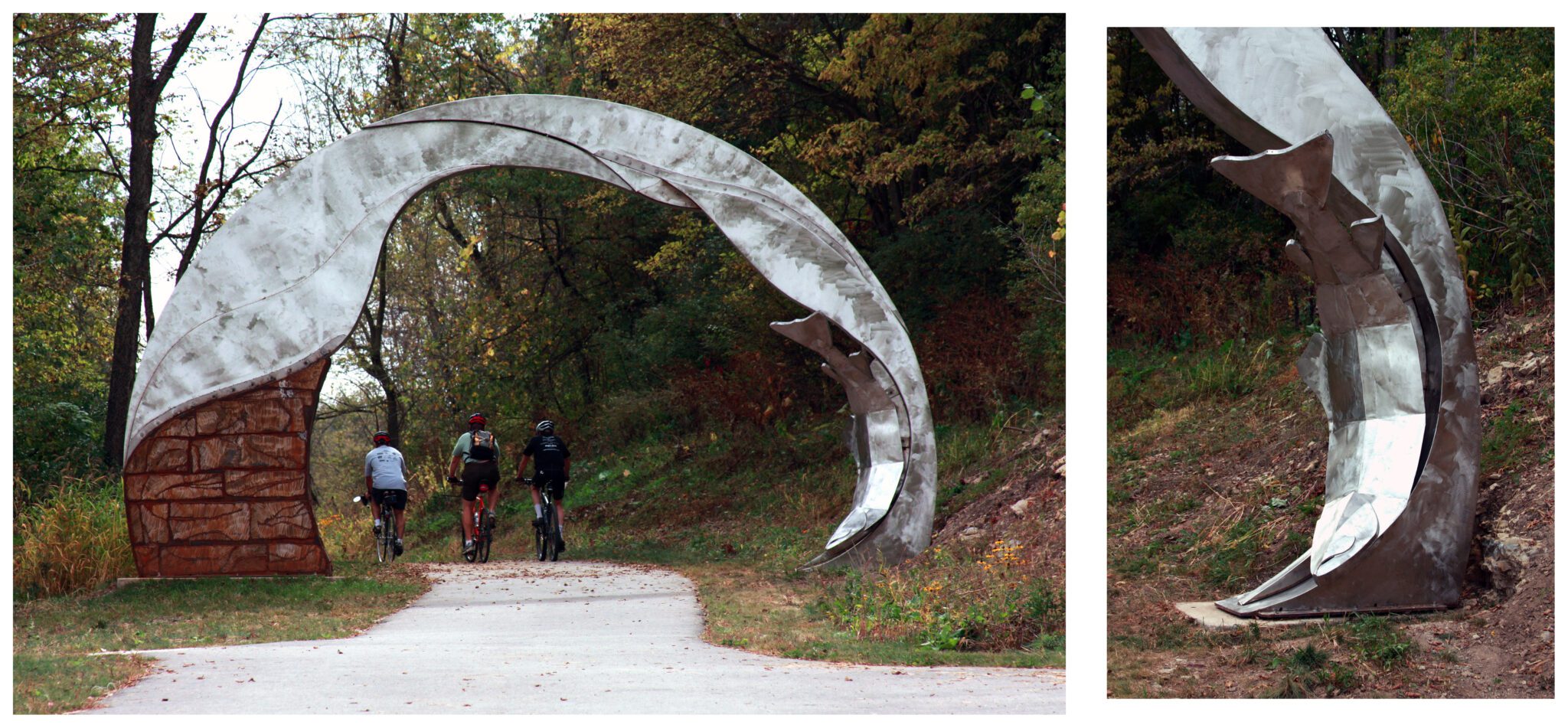 River Arch stainless and Corten steel) by Bounnak Thammavong, installed on the Trout Run Trail, Decorah, Iowa
