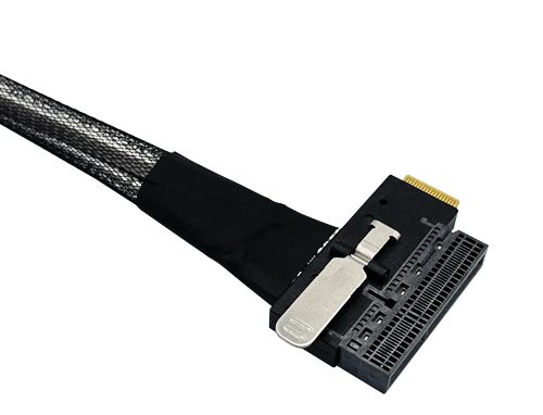 JPC EDSFF E3 cable assembly with braided cable and black PCB connector featuring gold contact pins for PCIe 5.0 connectivity
