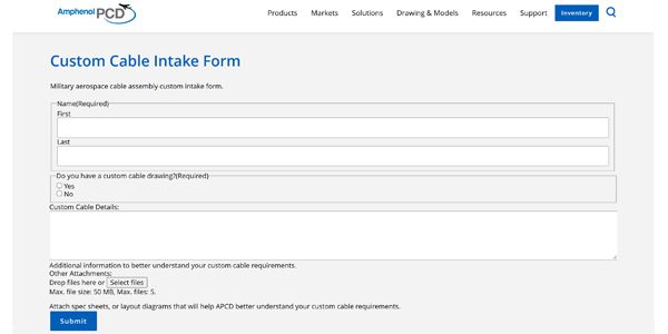 Explore Amphenol PCD’s online Custom Cable Inquiry Form to share your project requirements and find the right interconnect solution for your needs, from custom configurations to application specific solutions. 