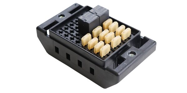 Chief’s standard BRIC, a 280 footprint, where all the terminals that go into it are 2.8 mm. It can house mini fuses and plug-in relays that all have a common footprint.Most of those relays have a continuous current max of about 35 A.