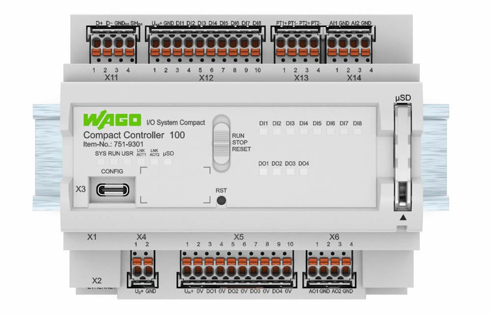 Automation solutions, such as WAGO’s new Compact Controller 100, is a small-scale PLC engineered for OEMs, IIOT digitization projects, and building automation applications. Along with a powerful processor and MicroSD card slot, the CC100 has additional communication ports including a serial port for connection with numerous devices such as bar code readers and automatic scales.