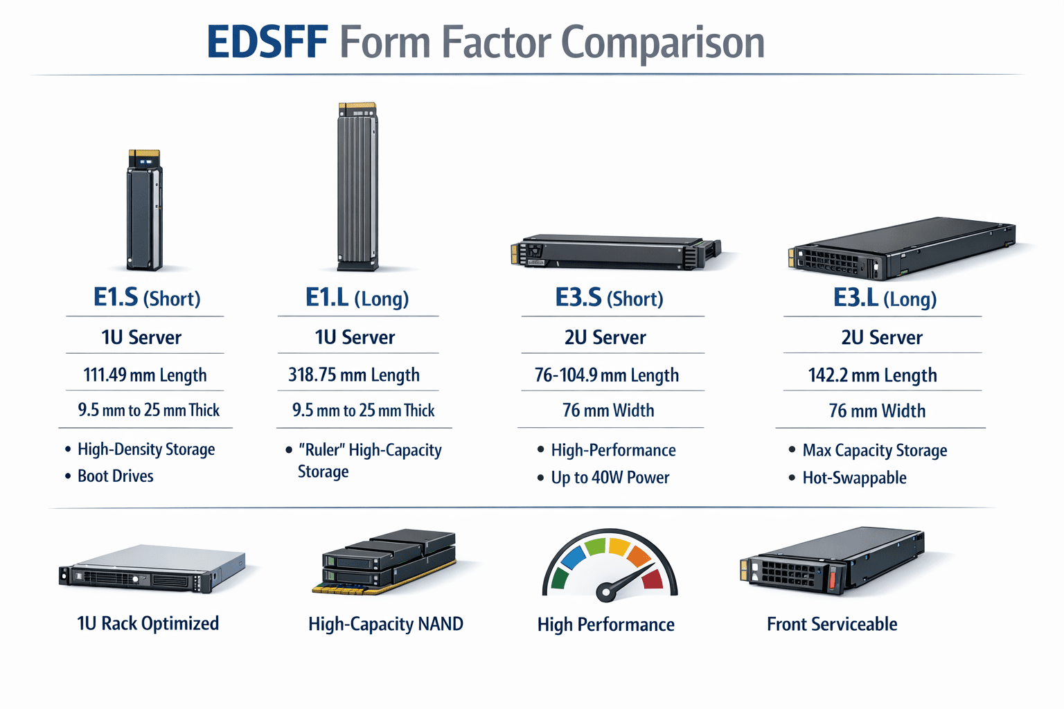 EDSFF Form Factor Comparison Chart - E1.S, E1.L, E3.S, E3.L Variants EDSFF form factor comparison showing E1.S, E1.L, E3.S, and E3.L variants with dimensions and applications