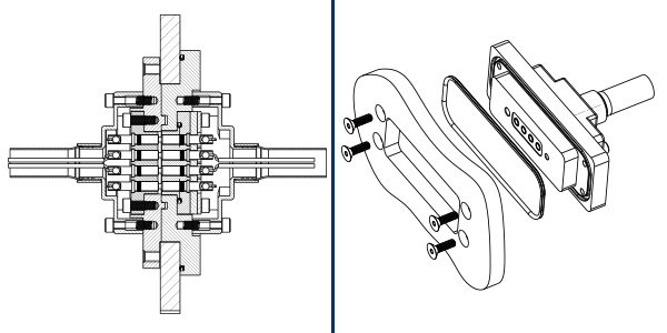 Patent diagrams of the extreme temperature launch trigger. On the left, a partial exploded view of once concept hypersonic receptacle. On the right, a mated cross section pair.