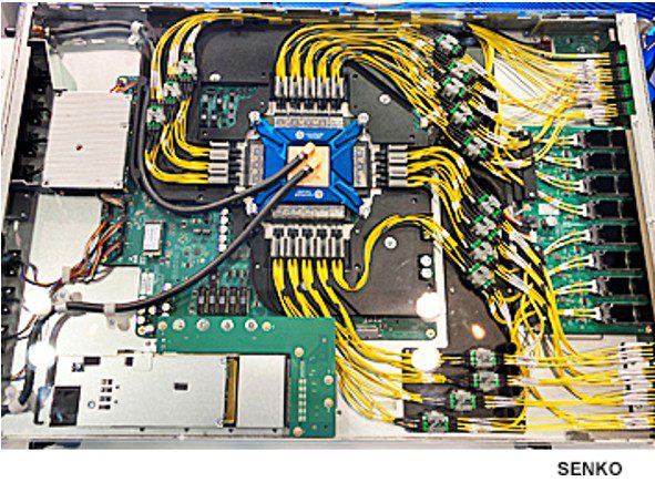 Pluggable 4X4 MPC PIC connectors link 16 single mode fibers per cable delivering a total of 1024 fibers to the front I/O panel.