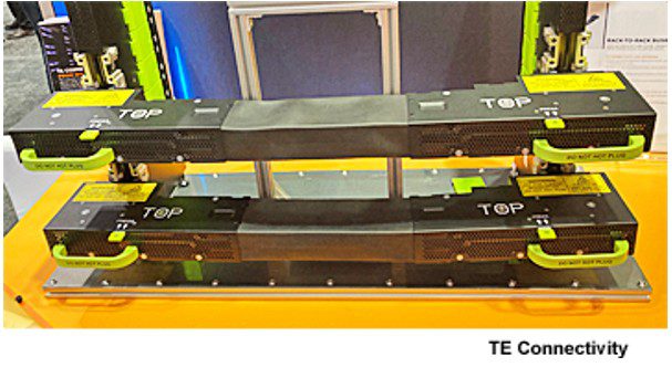 TE Connectivity showed a pluggable single conductor high-current connector rated up to 800 A that bridges the gap between adjacent “sidecar” racks.