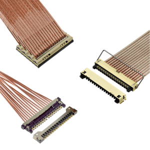 I-PEX’s DUALINE® 110-VB-M, DUALINE 195-HB, and DUALINE 130-HB-D twinax connectors (clockwise, from top left).