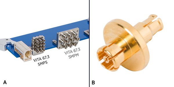 A. VITA connectors by SV Microwave Amphenol. B. Commercial hardware prompted by SOSA, SV’s SMPM to SMPS/SMP3 adapter for DC to 65 GHz.