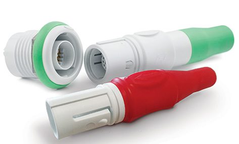 HyperGrip from Smiths Interconnect is a circular plastic, user-configurable, color-coded connector with push/pull latching design allowing for one-hand disconnect. 