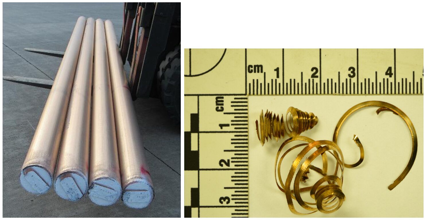 Left: Produced sample rods (Image: Materion)Right: Chip shape examples (Image: Accumation) 