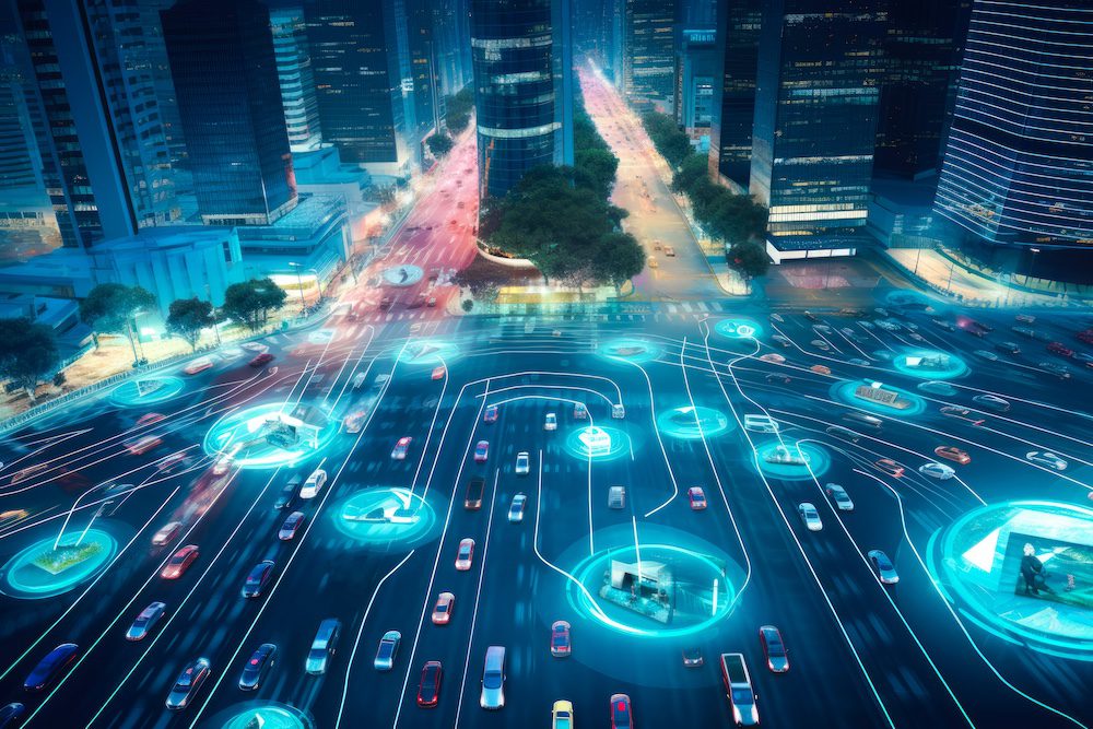 Overhead view of roads in a futuristic city with autonomous vehicles, overlay vehicle tracking system, advanced traffic management, intelligent transportation, and smart city concept, generative ai